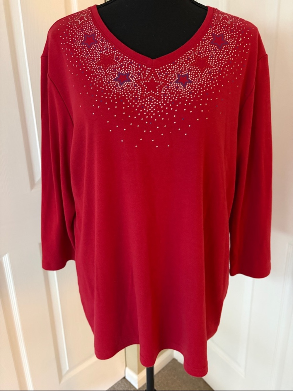 Decorated Originals Red Embellished V-Neck Women’s Top assume 2X